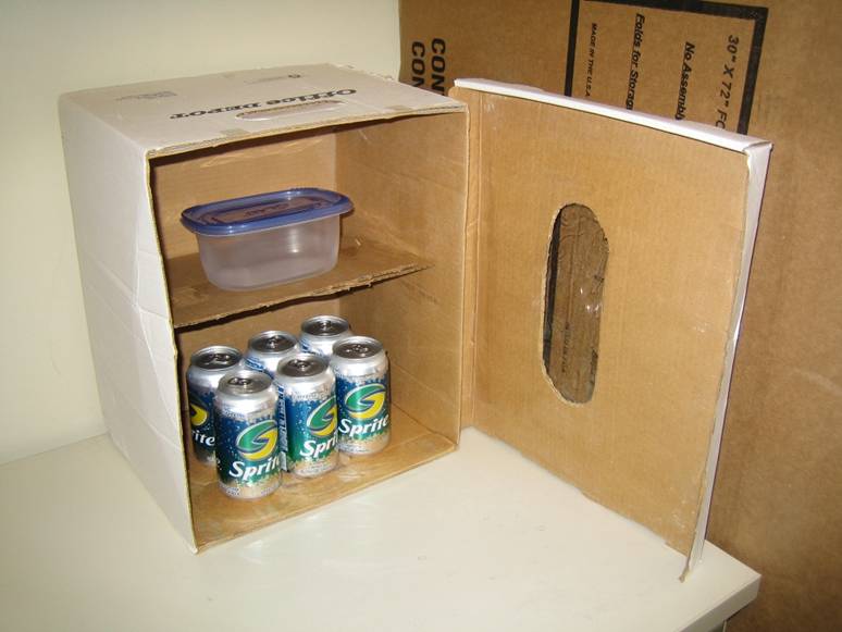 office prank - cardboard boxes as mini fridge